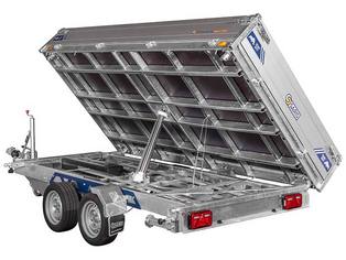 Saris Kipperanhänger K3 - 356 x 184 cm Ladefläche kippt nach rechts, rückseitige Ansicht