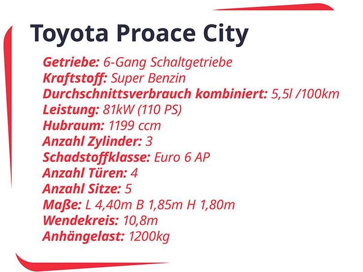 Auszug aus dem Datenblatt des Toyota Proace City