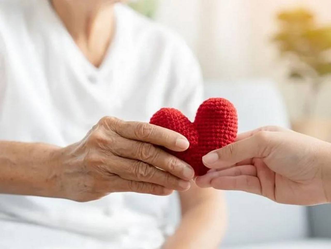 Ein rotes gehäkeltes Herz wird von einer jungen Hand in eine ältere gegeben