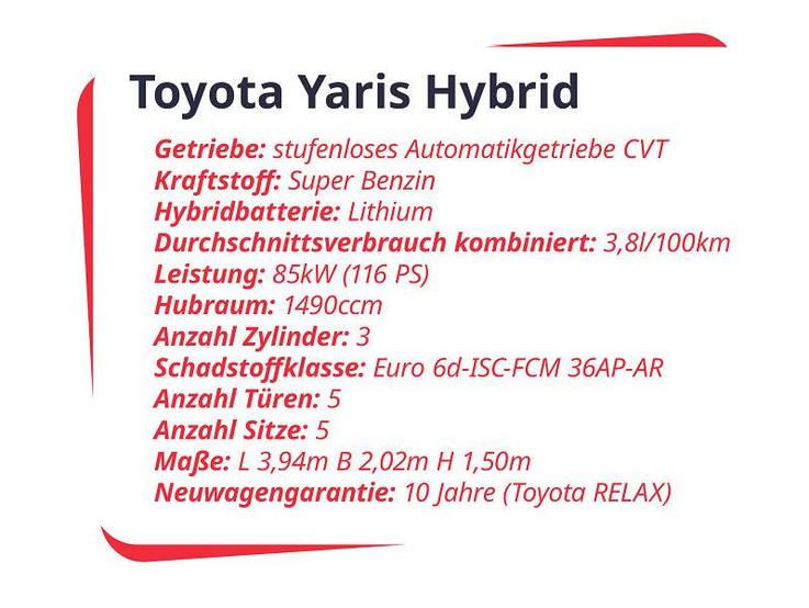 Auszug aus dem Datenblatt zum Toyota Yaris Hybrid
